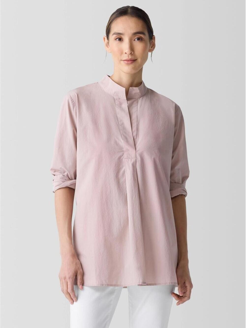 Eileen Fisher Washed Organic Cotton Poplin Stand Collar Top Smokey Rose Sz S EUC
